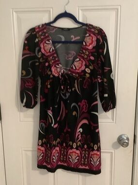 Rhapsody Black Mini Dress with Pink and Gold Floral Print